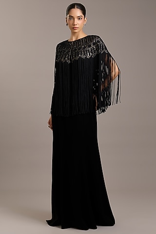 Black Crepe Maxi Dress With Embellished Cape by Rohit Gandhi & Rahul Khanna