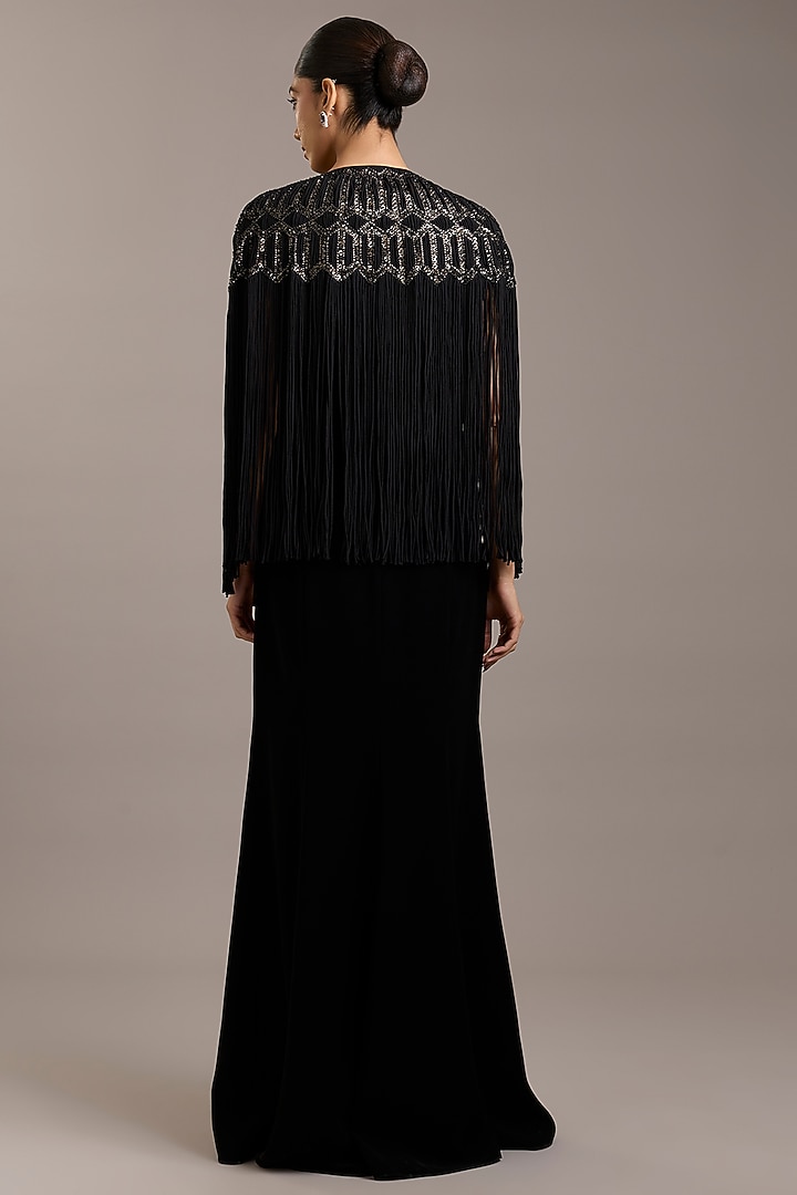 Black Crepe Maxi Party Wear Dress With Embellished Cape by Rohit Gandhi & Rahul Khanna at Pernia's Pop Up Shop