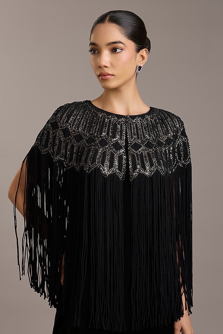 Black Crepe Maxi Party Wear Dress With Embellished Cape by Rohit Gandhi & Rahul Khanna at Pernia's Pop Up Shop