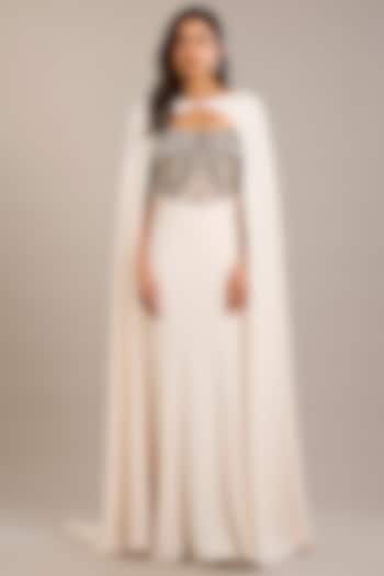Ivory Crepe Embellished Maxi Party Wear Dress With Cape by Rohit Gandhi & Rahul Khanna at Pernia's Pop Up Shop
