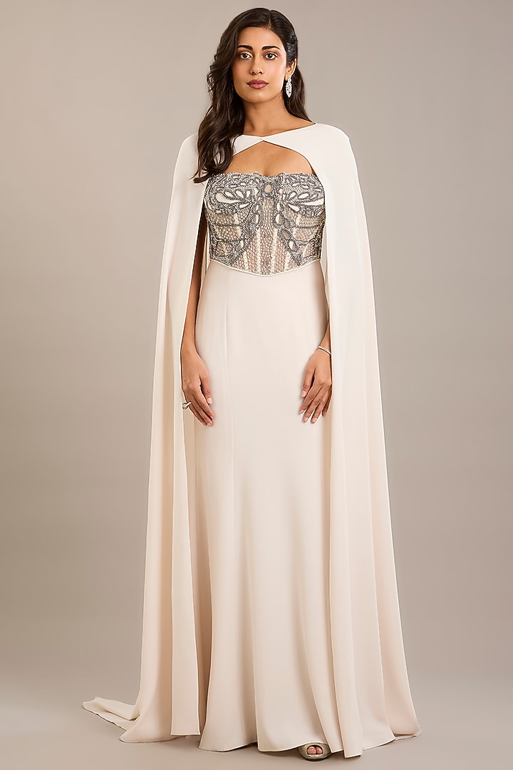 Ivory Crepe Embellished Maxi Party Wear Dress With Cape by Rohit Gandhi & Rahul Khanna at Pernia's Pop Up Shop