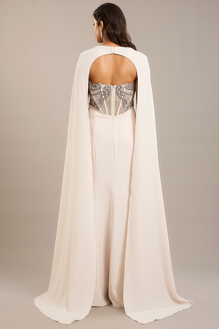 Ivory Crepe Embellished Maxi Party Wear Dress With Cape by Rohit Gandhi & Rahul Khanna at Pernia's Pop Up Shop
