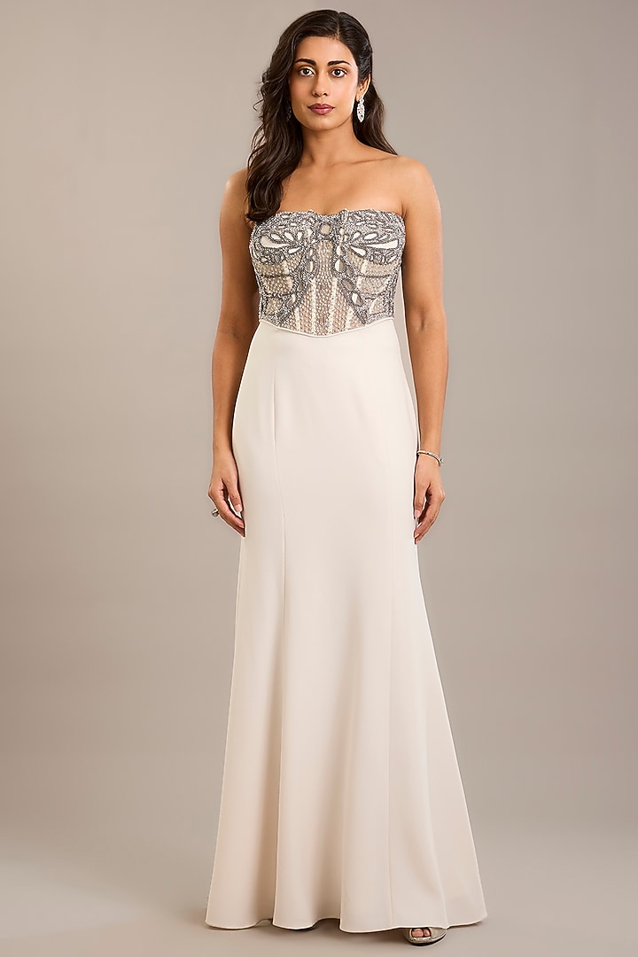 Ivory Crepe Embellished Maxi Party Wear Dress With Cape by Rohit Gandhi & Rahul Khanna at Pernia's Pop Up Shop