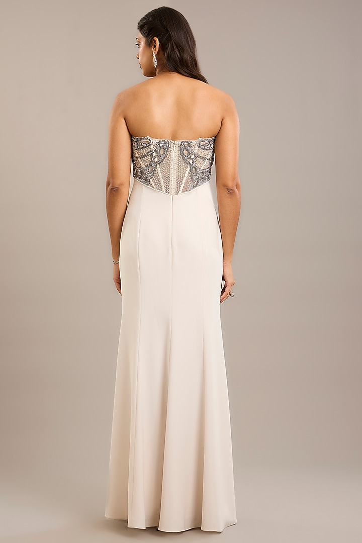 Ivory Crepe Embellished Maxi Party Wear Dress With Cape by Rohit Gandhi & Rahul Khanna at Pernia's Pop Up Shop