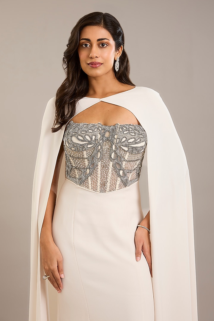 Ivory Crepe Embellished Maxi Party Wear Dress With Cape by Rohit Gandhi & Rahul Khanna at Pernia's Pop Up Shop