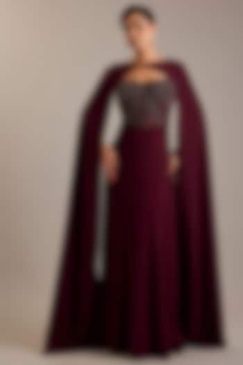 Maroon Crepe Embellished Party Wear Dress With Cape by Rohit Gandhi & Rahul Khanna at Pernia's Pop Up Shop