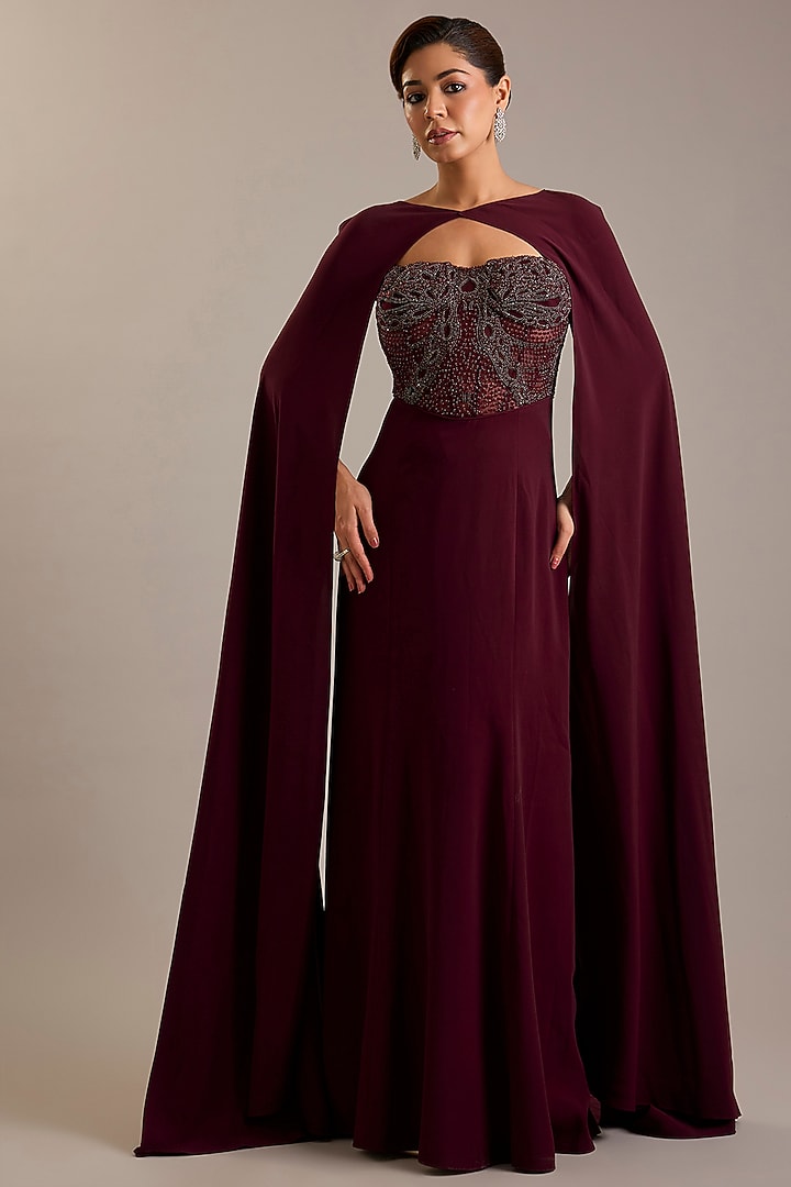 Maroon Crepe Embellished Party Wear Dress With Cape by Rohit Gandhi & Rahul Khanna at Pernia's Pop Up Shop