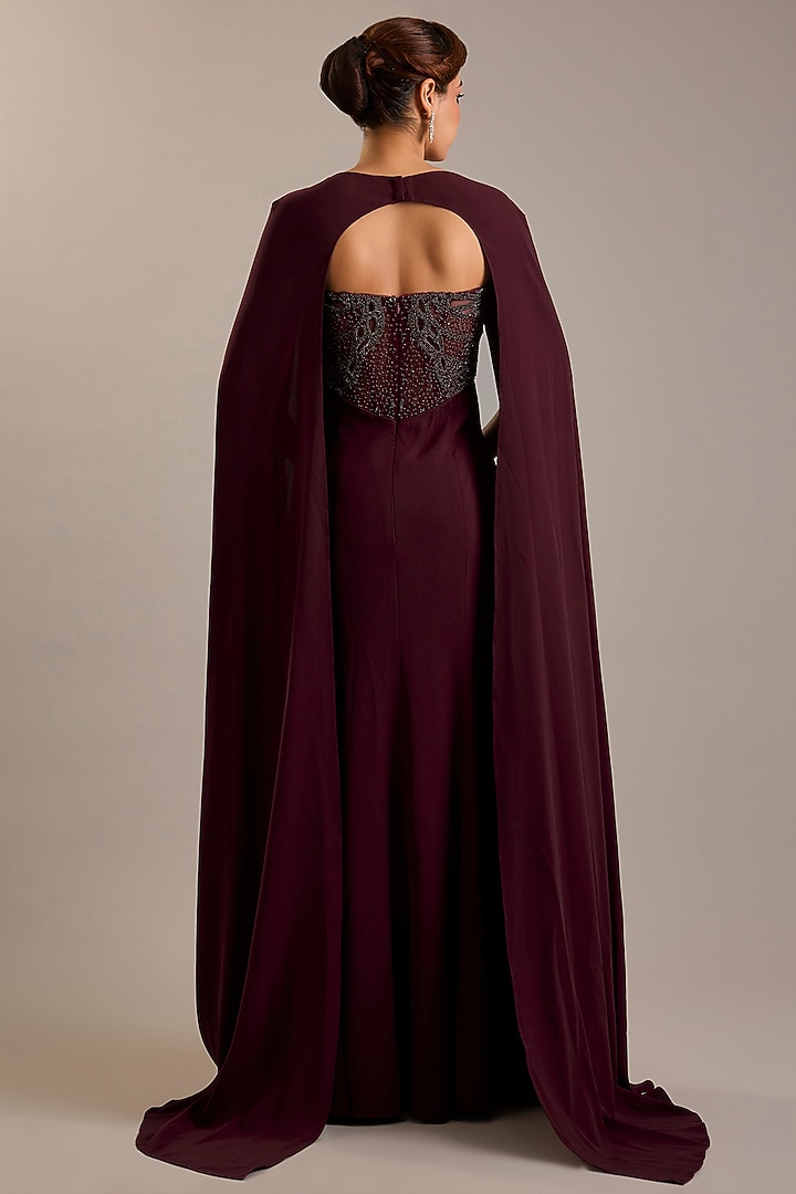 Maroon Crepe Embellished Party Wear Dress With Cape by Rohit Gandhi & Rahul Khanna at Pernia's Pop Up Shop