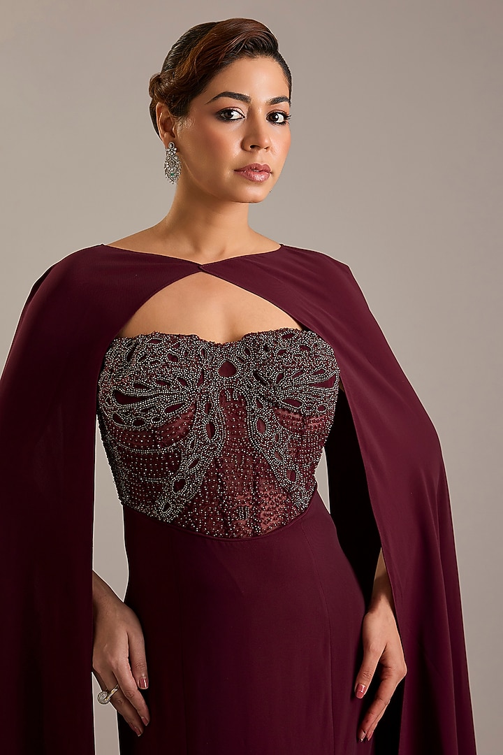 Maroon Crepe Embellished Party Wear Dress With Cape by Rohit Gandhi & Rahul Khanna at Pernia's Pop Up Shop