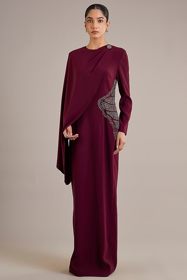 Maroon Suiting Draped Sculpted Party Wear Dress by Rohit Gandhi & Rahul Khanna at Pernia's Pop Up Shop