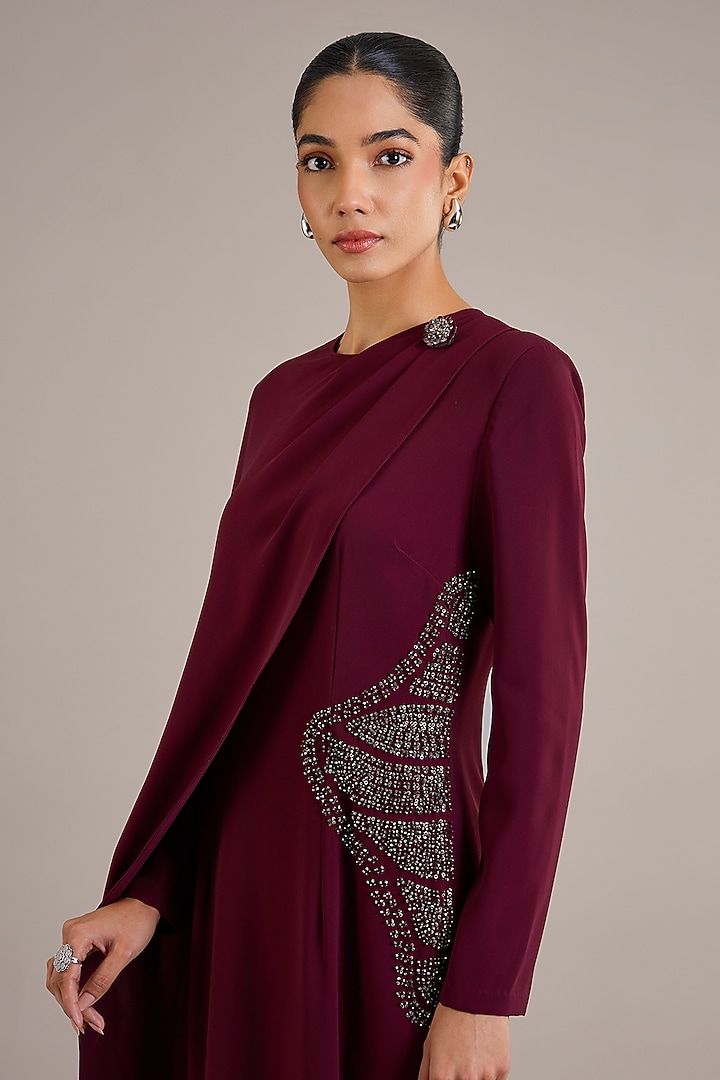 Maroon Suiting Draped Sculpted Party Wear Dress by Rohit Gandhi & Rahul Khanna at Pernia's Pop Up Shop
