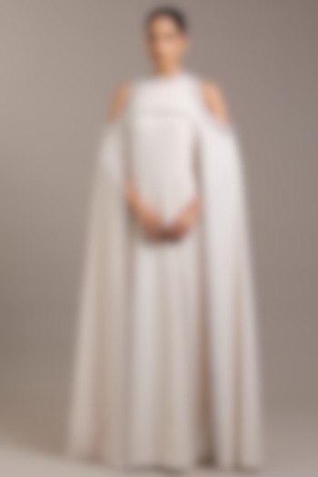Ivory Crepe Maxi Party Wear Dress With Embellished Cape by Rohit Gandhi & Rahul Khanna at Pernia's Pop Up Shop