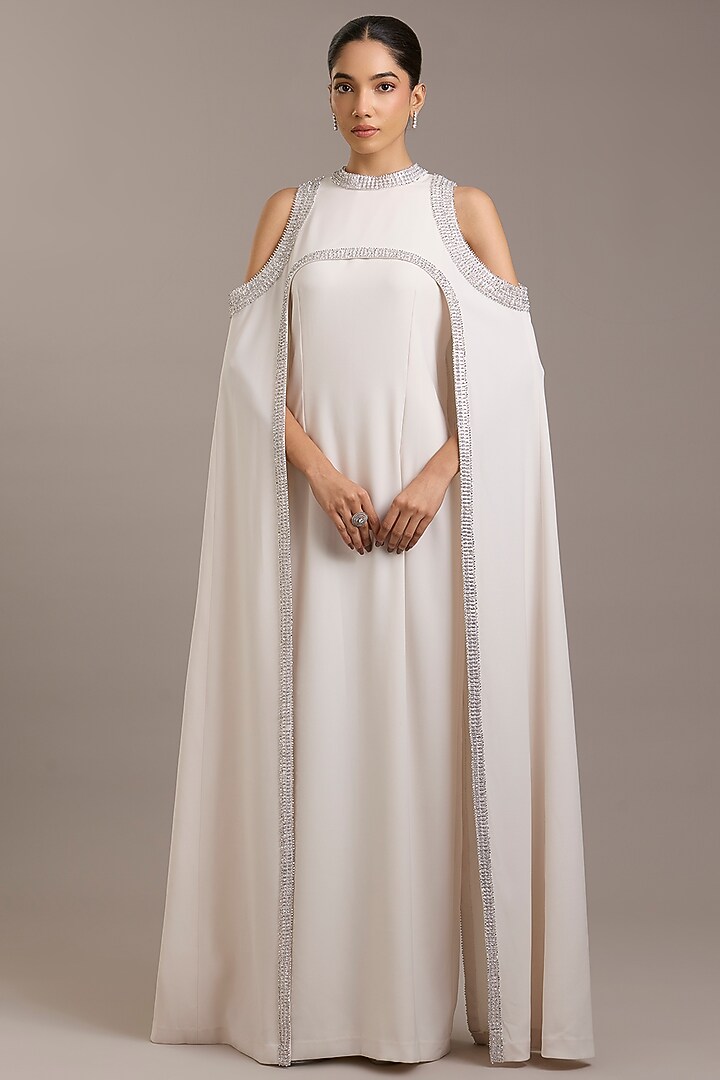 Ivory Crepe Maxi Party Wear Dress With Embellished Cape by Rohit Gandhi & Rahul Khanna at Pernia's Pop Up Shop