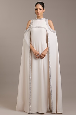 Ivory Crepe Maxi Dress With Embellished Cape by Rohit Gandhi & Rahul Khanna