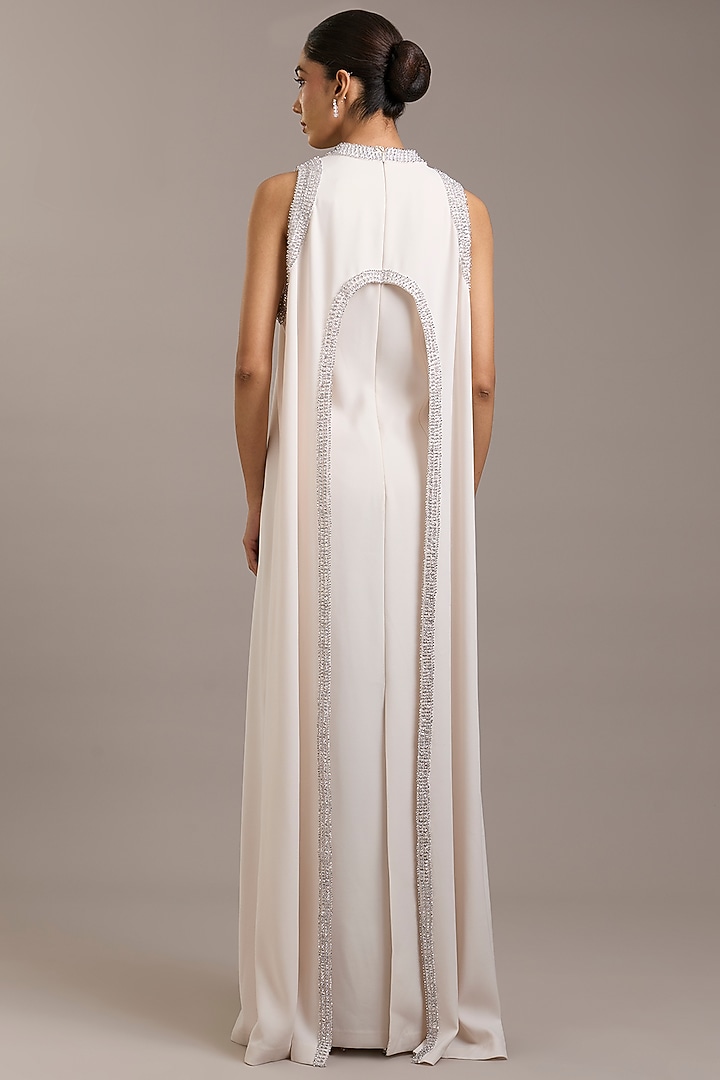 Ivory Crepe Maxi Party Wear Dress With Embellished Cape by Rohit Gandhi & Rahul Khanna at Pernia's Pop Up Shop