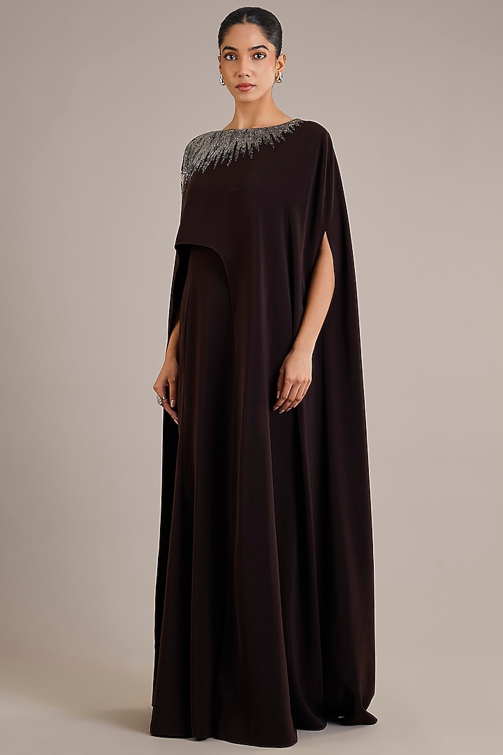 Cocoa Crepe Embellished Cape Party Wear Dress by Rohit Gandhi & Rahul Khanna at Pernia's Pop Up Shop
