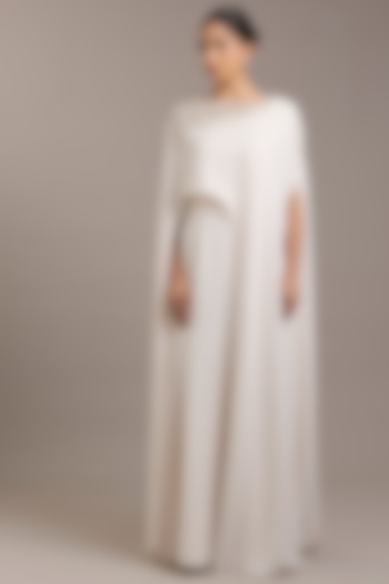 Ivory Crepe Metallic Embellished Cape Maxi Party Wear Dress by Rohit Gandhi & Rahul Khanna at Pernia's Pop Up Shop