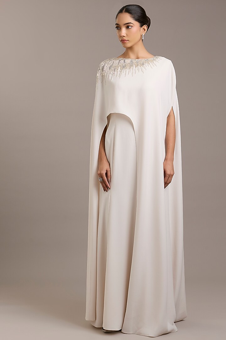 Ivory Crepe Metallic Embellished Cape Maxi Party Wear Dress by Rohit Gandhi & Rahul Khanna at Pernia's Pop Up Shop