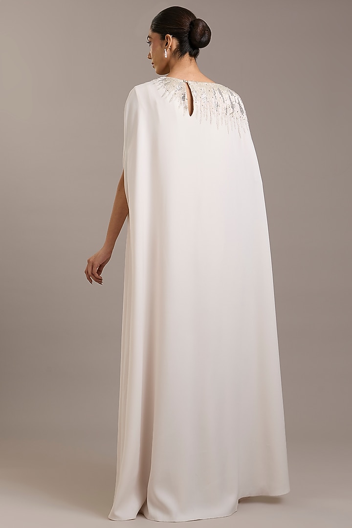 Ivory Crepe Metallic Embellished Cape Maxi Party Wear Dress by Rohit Gandhi & Rahul Khanna at Pernia's Pop Up Shop