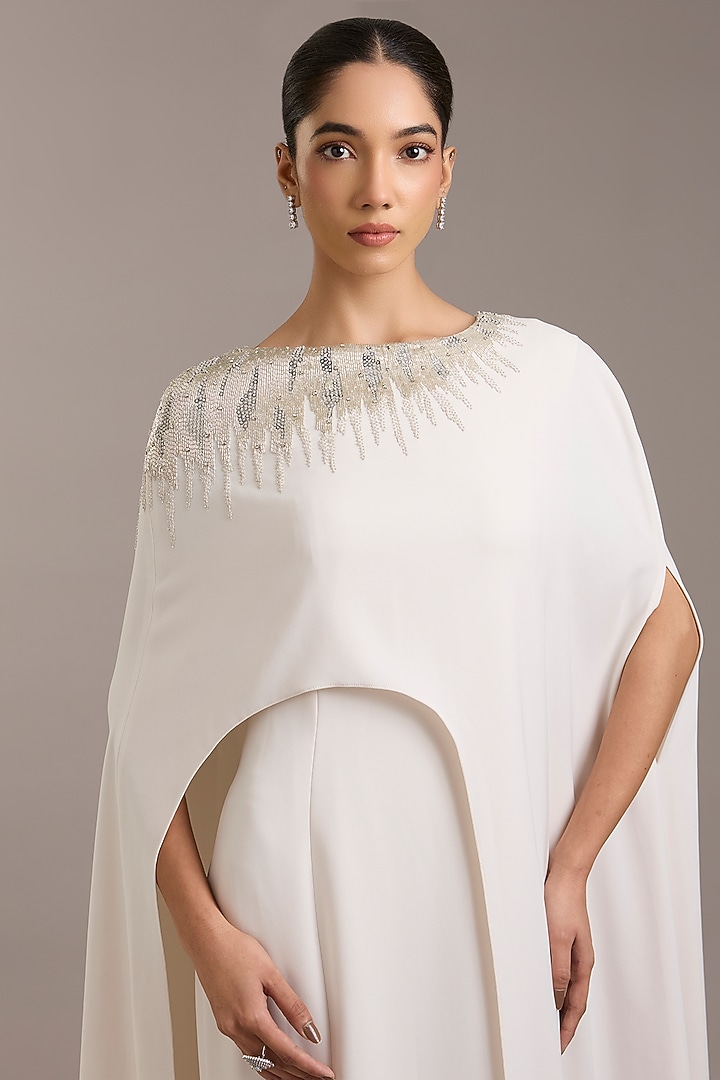 Ivory Crepe Metallic Embellished Cape Maxi Party Wear Dress by Rohit Gandhi & Rahul Khanna at Pernia's Pop Up Shop