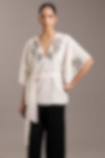Ivory Crepe Floral Embellished Wrap Jacket by Rohit Gandhi & Rahul Khanna at Pernia's Pop Up Shop
