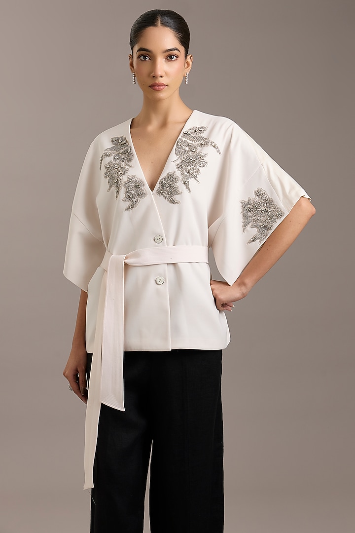 Ivory Crepe Floral Embellished Wrap Jacket by Rohit Gandhi & Rahul Khanna at Pernia's Pop Up Shop