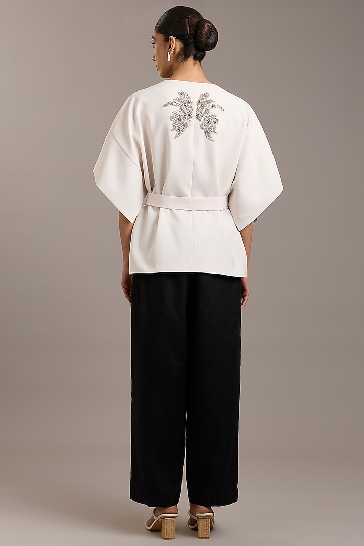 Ivory Crepe Floral Embellished Wrap Jacket by Rohit Gandhi & Rahul Khanna at Pernia's Pop Up Shop