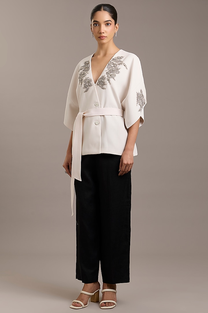 Ivory Crepe Floral Embellished Wrap Jacket by Rohit Gandhi & Rahul Khanna at Pernia's Pop Up Shop