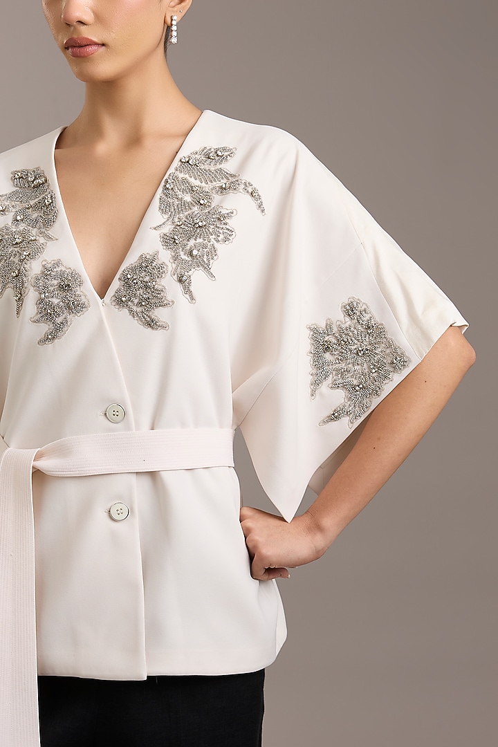 Ivory Crepe Floral Embellished Wrap Jacket by Rohit Gandhi & Rahul Khanna at Pernia's Pop Up Shop