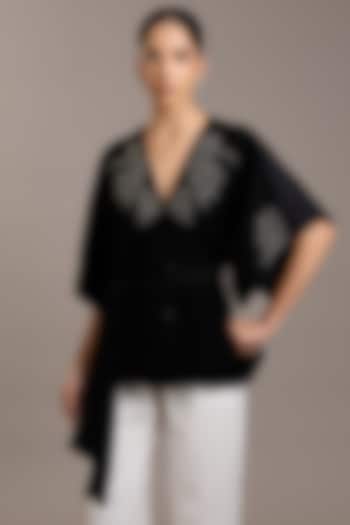 Black Crepe Floral Embellished Wrap Jacket by Rohit Gandhi & Rahul Khanna at Pernia's Pop Up Shop