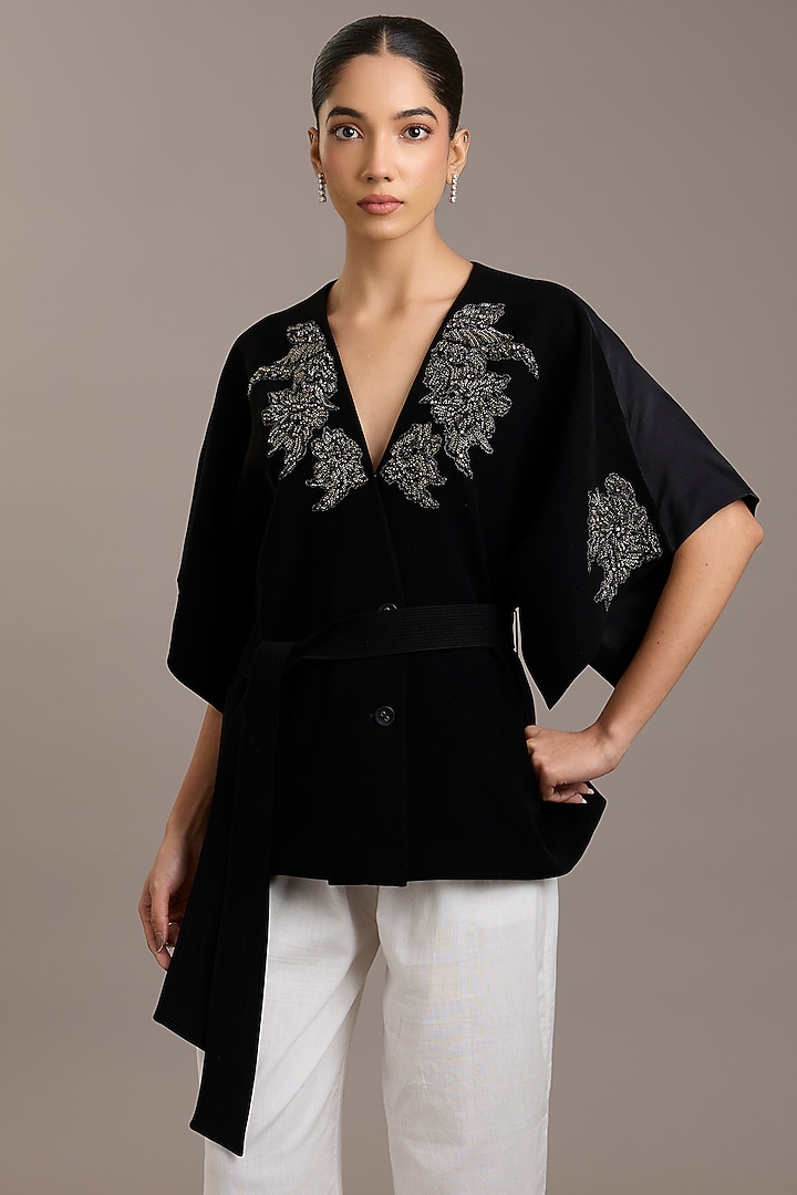 Black Crepe Floral Embellished Wrap Jacket by Rohit Gandhi & Rahul Khanna at Pernia's Pop Up Shop