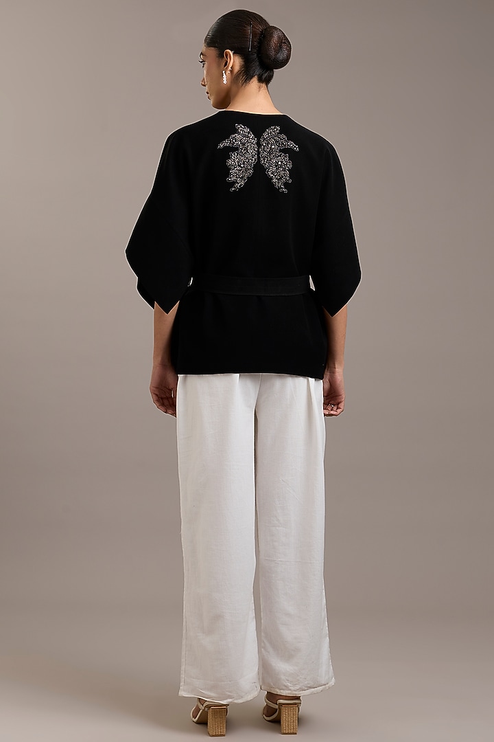 Black Crepe Floral Embellished Wrap Jacket by Rohit Gandhi & Rahul Khanna at Pernia's Pop Up Shop