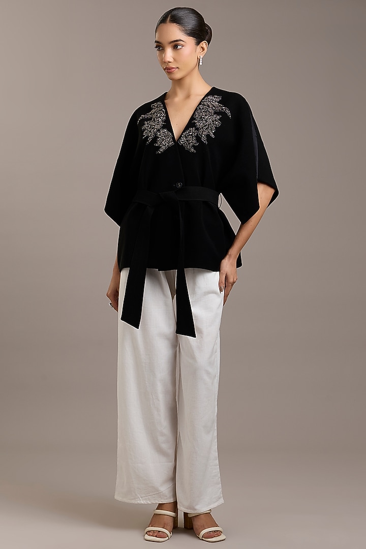 Black Crepe Floral Embellished Wrap Jacket by Rohit Gandhi & Rahul Khanna at Pernia's Pop Up Shop