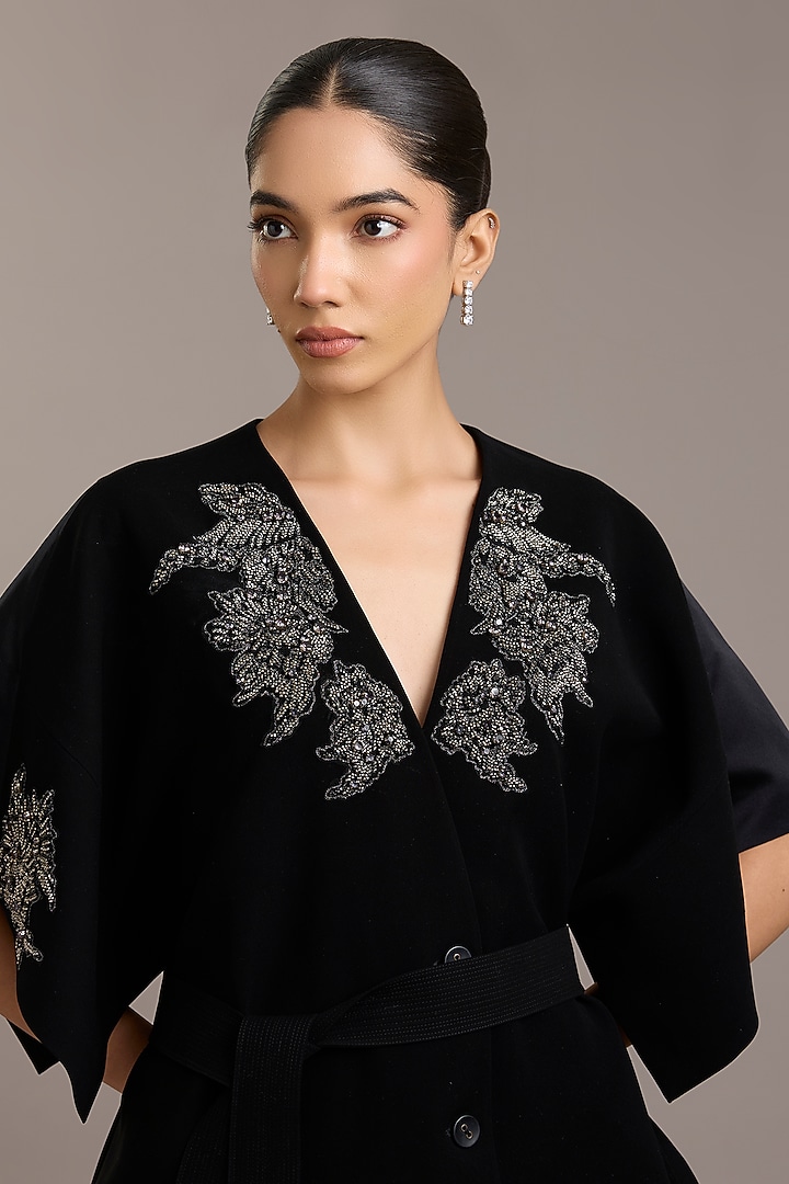 Black Crepe Floral Embellished Wrap Jacket by Rohit Gandhi & Rahul Khanna at Pernia's Pop Up Shop