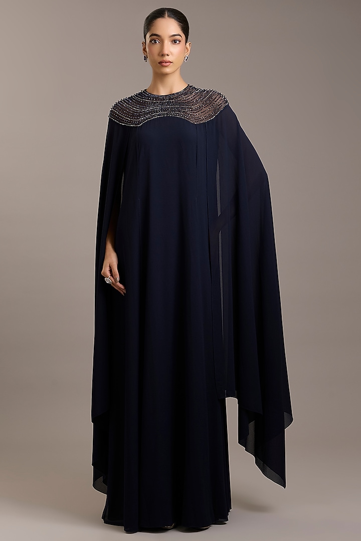 Navy Georgette Embellished Draped Maxi Party Wear Dress by Rohit Gandhi & Rahul Khanna at Pernia's Pop Up Shop