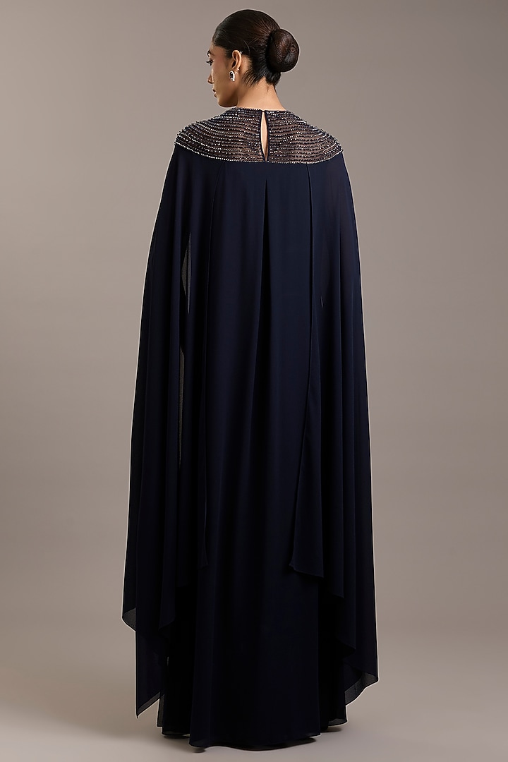 Navy Georgette Embellished Draped Maxi Party Wear Dress by Rohit Gandhi & Rahul Khanna at Pernia's Pop Up Shop