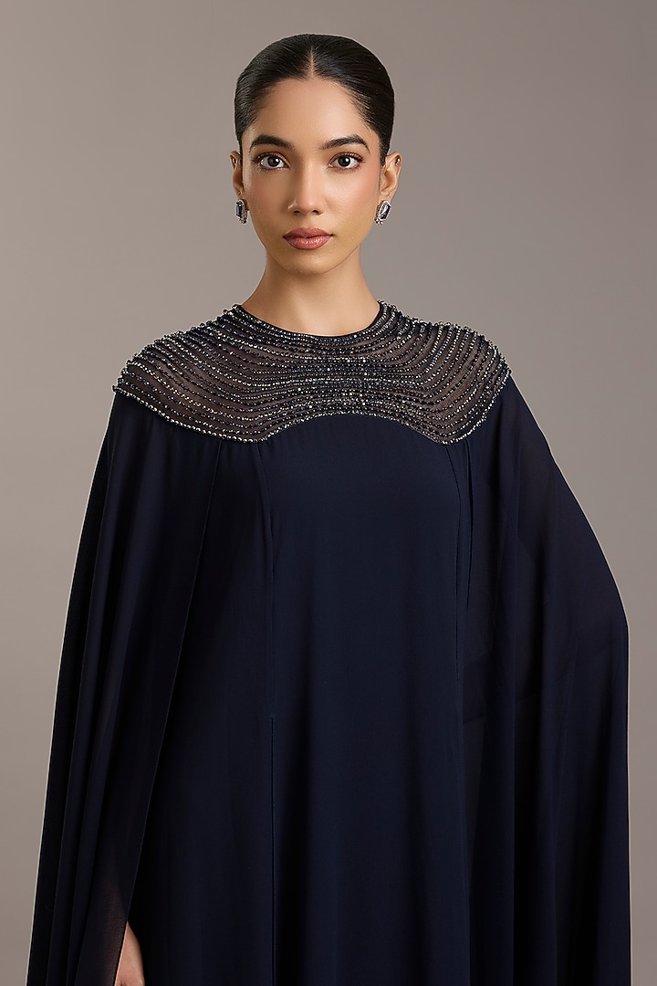 Navy Georgette Embellished Draped Maxi Party Wear Dress by Rohit Gandhi & Rahul Khanna at Pernia's Pop Up Shop