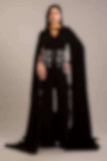 Black Crepe Embellished Jumpsuit With Cape by Rohit Gandhi & Rahul Khanna at Pernia's Pop Up Shop