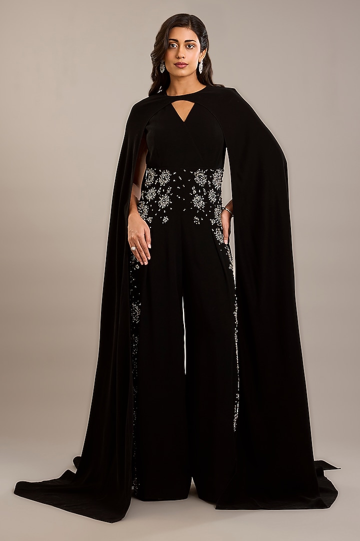 Black Crepe Embellished Jumpsuit With Cape by Rohit Gandhi & Rahul Khanna at Pernia's Pop Up Shop