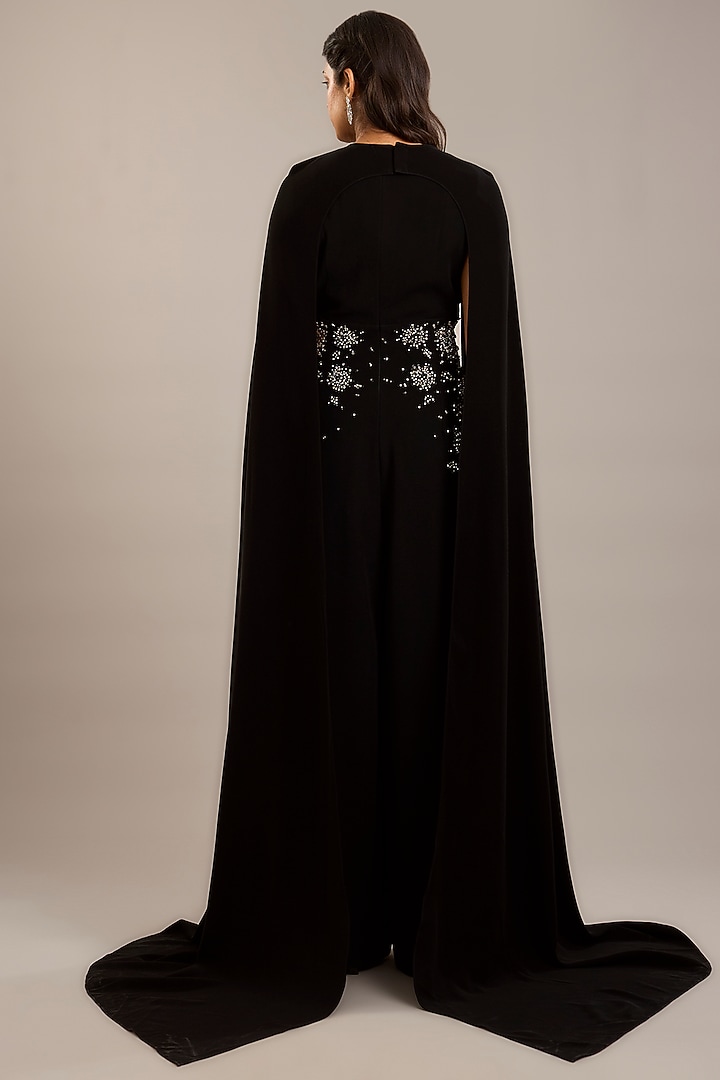 Black Crepe Embellished Jumpsuit With Cape by Rohit Gandhi & Rahul Khanna at Pernia's Pop Up Shop