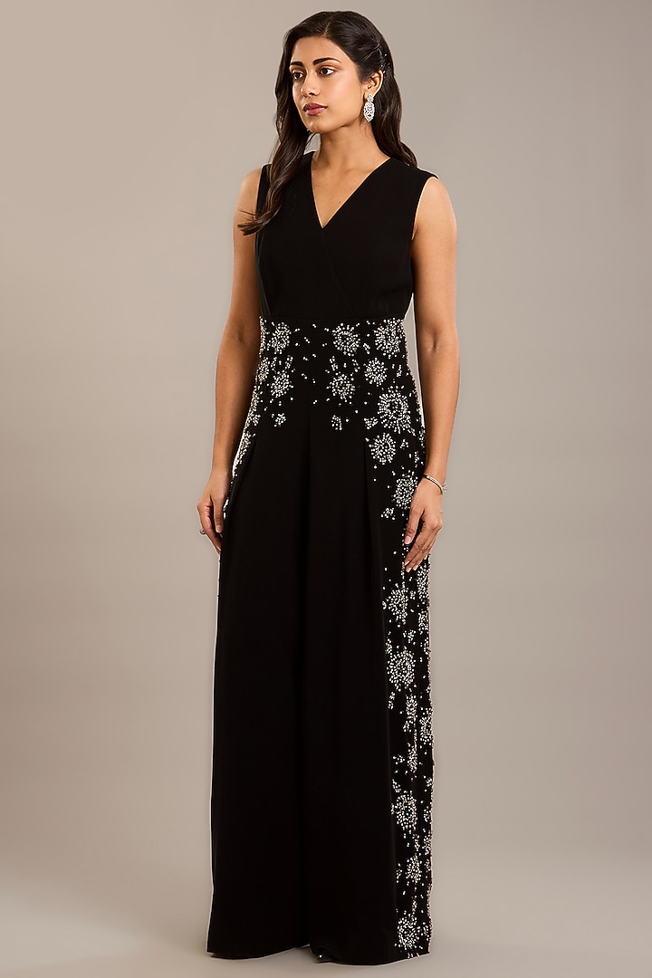 Black Crepe Embellished Jumpsuit With Cape by Rohit Gandhi & Rahul Khanna at Pernia's Pop Up Shop