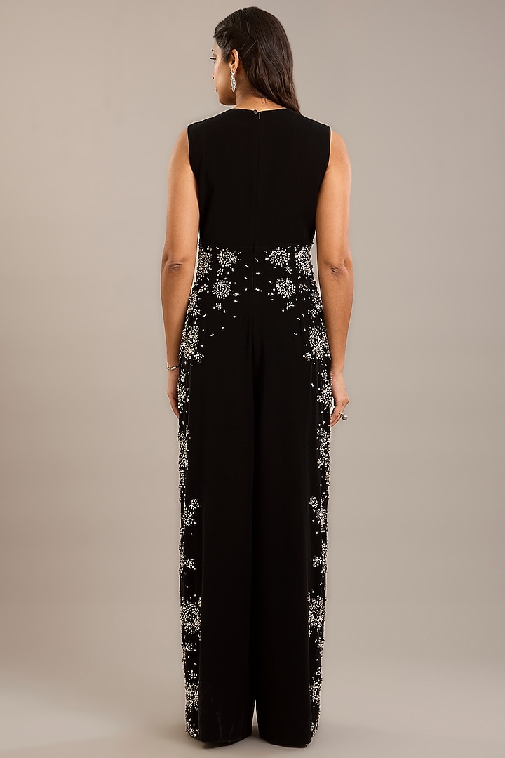 Black Crepe Embellished Jumpsuit With Cape by Rohit Gandhi & Rahul Khanna at Pernia's Pop Up Shop