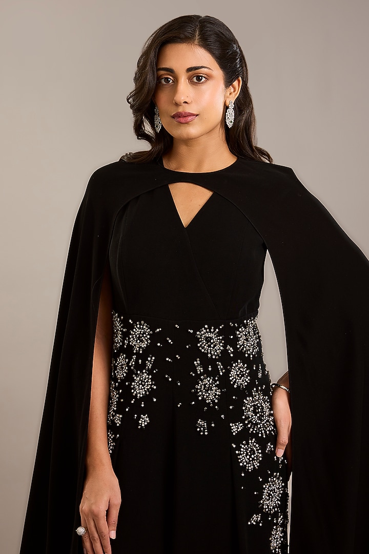 Black Crepe Embellished Jumpsuit With Cape by Rohit Gandhi & Rahul Khanna at Pernia's Pop Up Shop