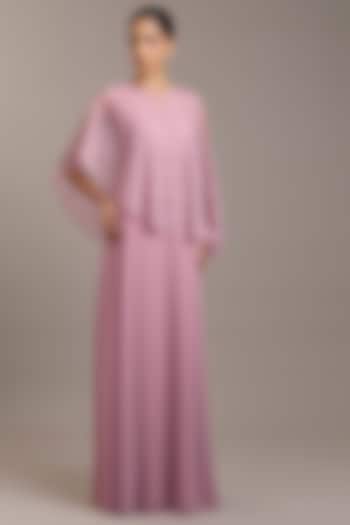 Swiss Rose Pink Georgette Maxi Party Wear Dress With Embellished Cape by Rohit Gandhi & Rahul Khanna at Pernia's Pop Up Shop
