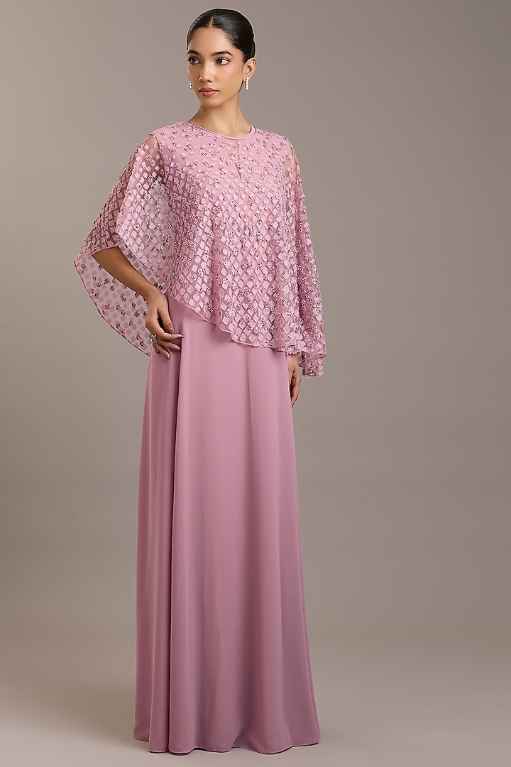 Swiss Rose Pink Georgette Maxi Party Wear Dress With Embellished Cape by Rohit Gandhi & Rahul Khanna at Pernia's Pop Up Shop