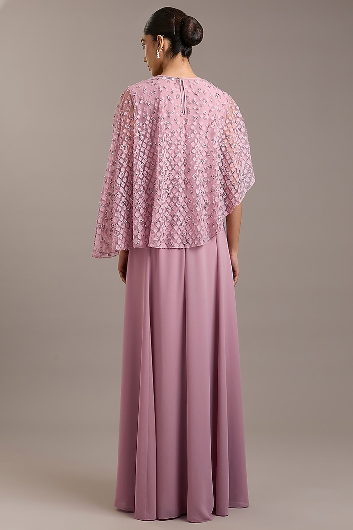 Swiss Rose Pink Georgette Maxi Party Wear Dress With Embellished Cape by Rohit Gandhi & Rahul Khanna at Pernia's Pop Up Shop