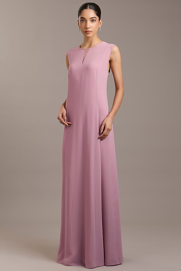 Swiss Rose Pink Georgette Maxi Party Wear Dress With Embellished Cape by Rohit Gandhi & Rahul Khanna at Pernia's Pop Up Shop