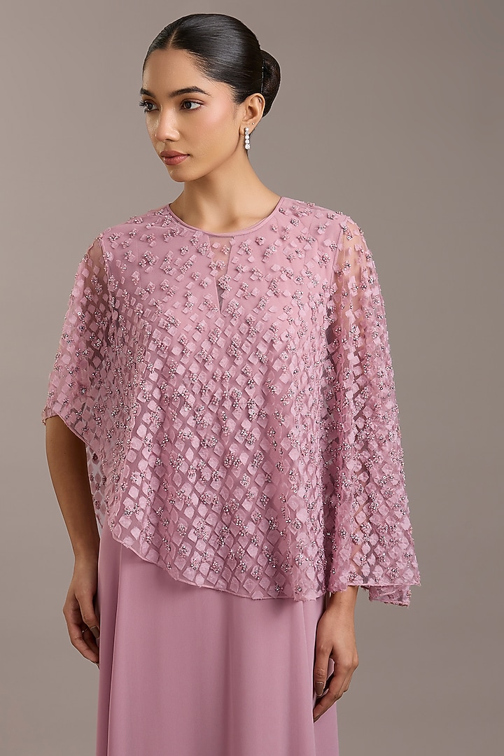 Swiss Rose Pink Georgette Maxi Party Wear Dress With Embellished Cape by Rohit Gandhi & Rahul Khanna at Pernia's Pop Up Shop