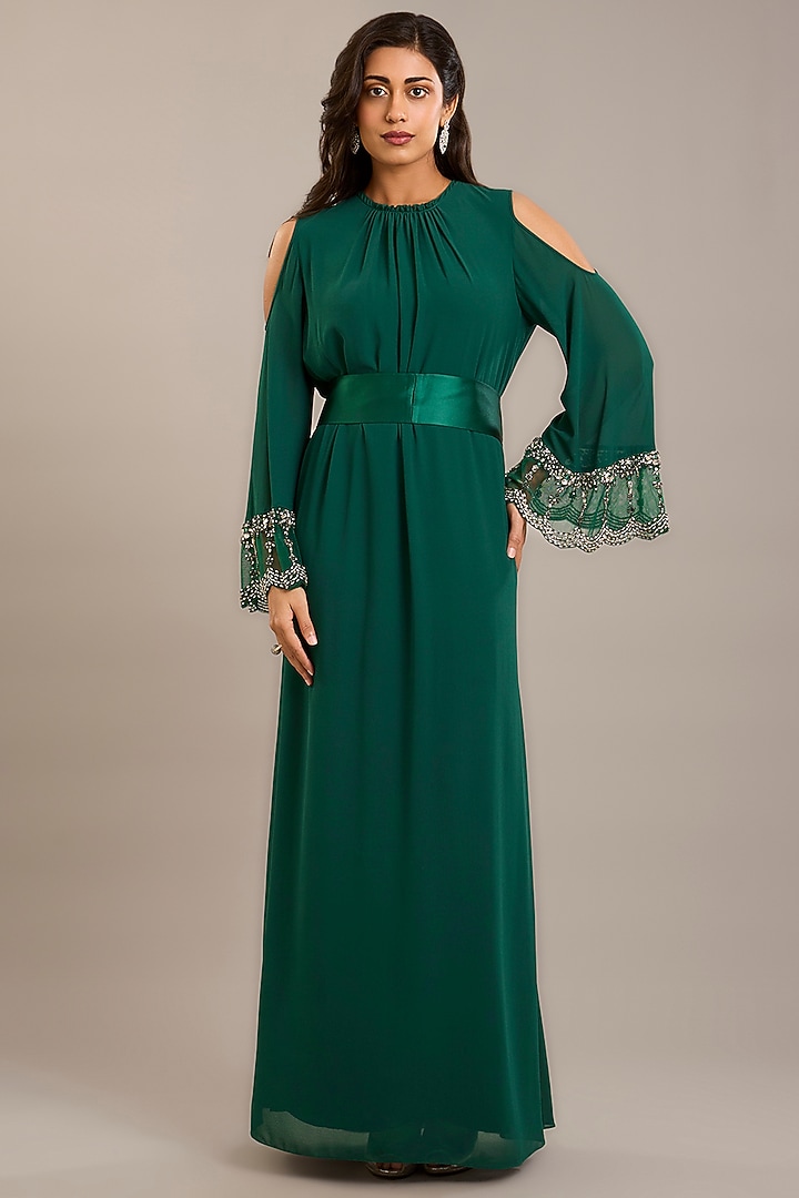 Emerald Georgette Embellished Kaftan by Rohit Gandhi & Rahul Khanna at Pernia's Pop Up Shop