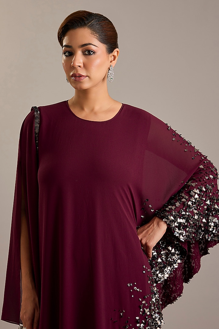 Maroon Crepe Embellished Kaftan by Rohit Gandhi & Rahul Khanna at Pernia's Pop Up Shop